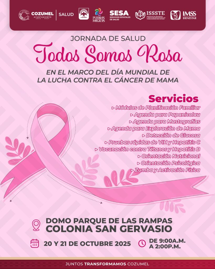Gobierno de Cozumel invita a la jornada de salud “Todas somos Rosa” en el marco del Día Mundial de la Lucha contra el Cáncer de&nbsp;Mama