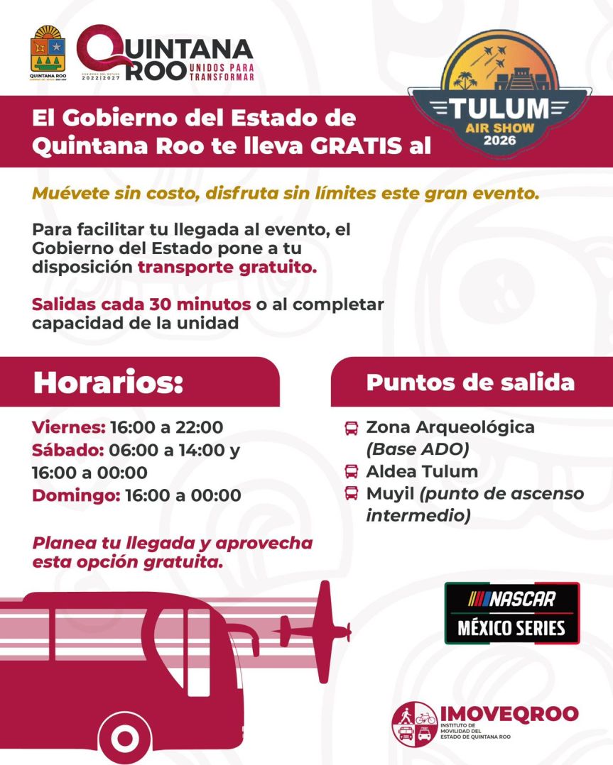 Implementa el Gobierno del Estado a través del IMOVEQROO transporte gratuito al Air Show Tulum&nbsp;2026
